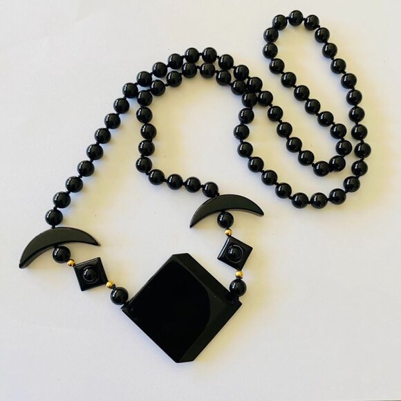 Vintage Obsidian Beaded Statement Necklace with Geometric Black Pendant - Picture 4 of 4